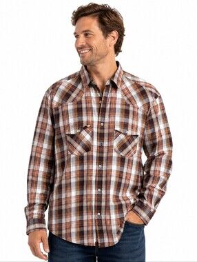 Patagonia Organic Cotton Plaid Western Shirt Men’s XL Brown Tan Pearl Snap Style